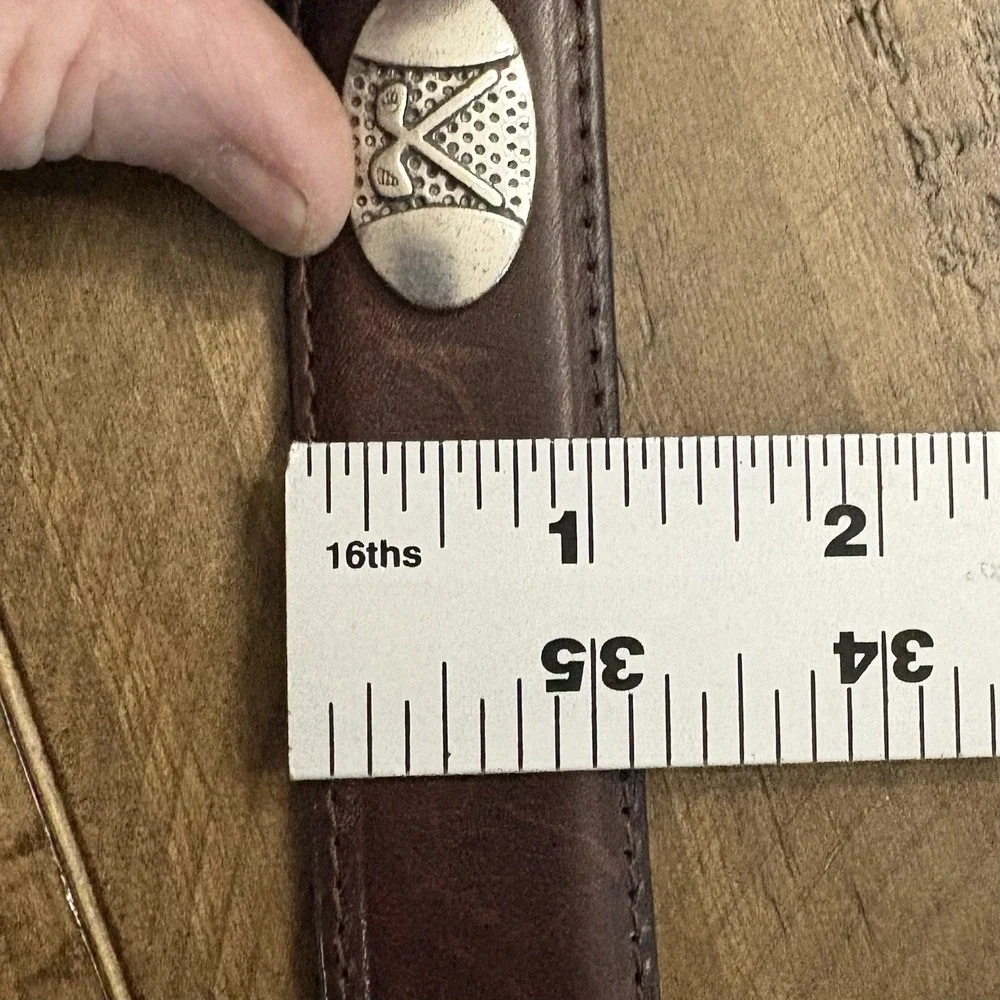 VTG 90s Brown Top Grain Oil Tan Leather Golf Sports Belt Silver Club Oval Sz 44